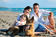 Familie og hund på stranden